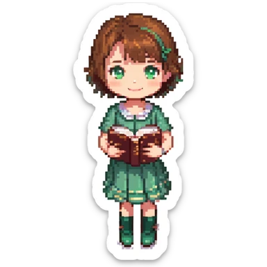 pixel art cute girl with chibi proportions, short brown hair, sparkling eyes, green dress, holding book, standing smiling, facing forward, bright colors, soft shading sticker