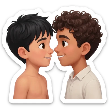 2 boys in love. One Asian a light tan with black hair and one Mexican with curly brown hair, light skin. Both dark brown eyes sticker