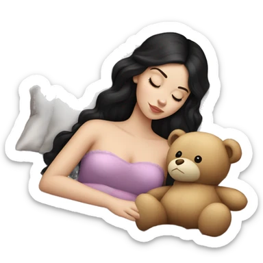 sleeping beauty dark black haired really white girl with a silk pillow and a teddy bear sticker