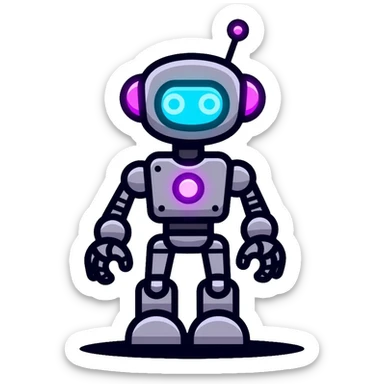 chatbot robot in gray color, with neon glow lines, blue neon glow on top left, purple neon glow on bottom right sticker
