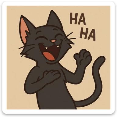 a black cat laughing, whimsical style sticker