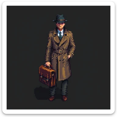 Mossad spy in trench coat and fedora, holding a briefcase, shadowy look, pixel art style, simple background sticker