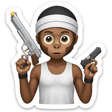 Monkey wearing a black dorag and a white tank top holding a Glock postol sticker