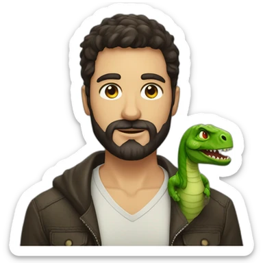 nice man green eyes, dark hair and barbe holding a dinosaur sticker