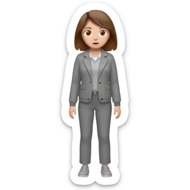 Chica grande  asustada de cuerpo completo con pelo castaño pantalones grises y saco gris  sticker