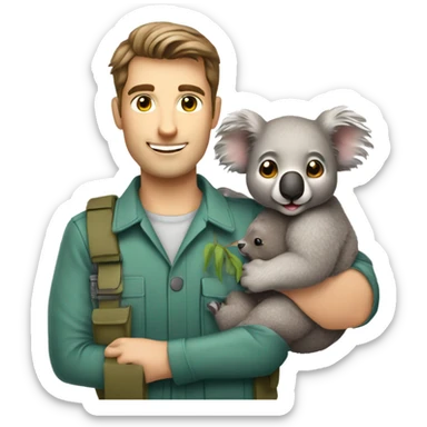 Caucasian brown hair male zookeeper holding cute koala sticker