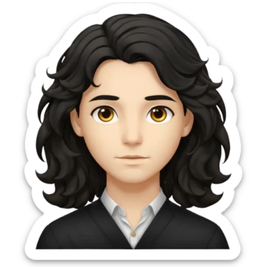 his avatar has shoulder-length black wavy hair with loose curls framing the face, and a long, pointed face with golden-brown eyes and a calm, neutral expression. sticker