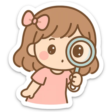 chibi style cute girl with brown hair, intensely examining something with a magnifying glass sticker