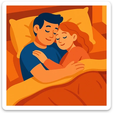 a couple sleeping while hugging, soft and peaceful, in a cozy bed, illustration, warm and gentle colors sticker