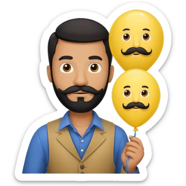 man with black bead and mustache holding star yellow balloon sticker