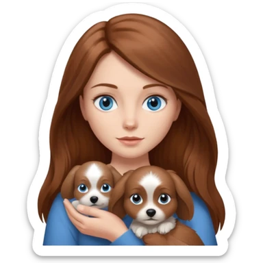 long hair chestnut color blue eyes woman holding small grey dog sticker