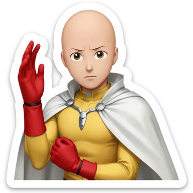 Saitama from One Punch Man, bald head, blank expression, yellow hero suit with white cape, red gloves sticker