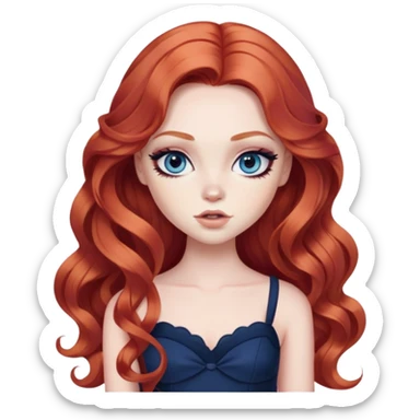  long wavy red hair, pale skin, dark blue eyes, pretty bratz baddie, black eyeliner, blush sticker