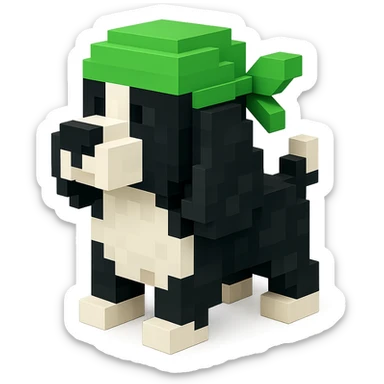A black and white Russian Cocker Spaniel puppy wearing a green durag, voxel style, facing left sticker