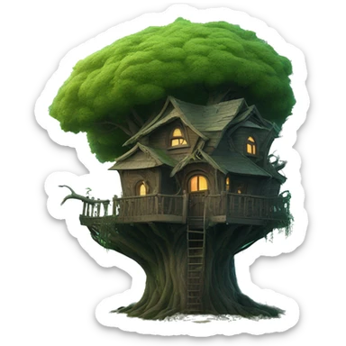 Fantasy haunted tree house in an overgrown cottage with a futuristic twist  sticker