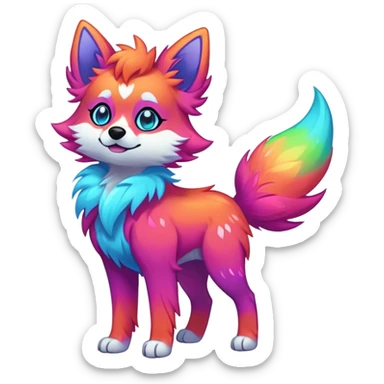 Vibrant multicolored neon-colored Falvie-Fionbri-creature-sparkle-dog-fursona, full body sticker