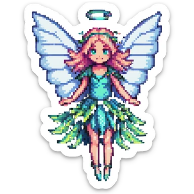 pixel art fairy with translucent wings, flying, whimsical sticker