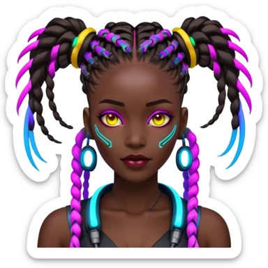 Cyberpunk African woman with futuristic braids, neon glowing accessories, tech implants, and vibrant colors sticker