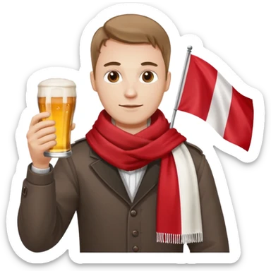 A man wearing a red and white scarf holding a Polish flag in one hand and a beer in the other sticker