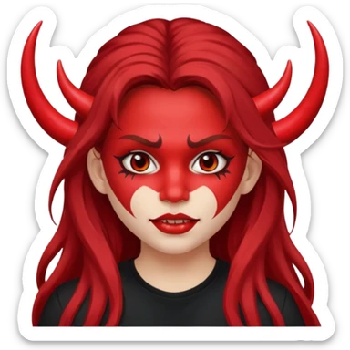 a long-haired red face paint devil girl with shirt sticker