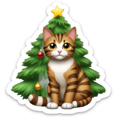 Brown striped cat sitting Christmas tree  sticker