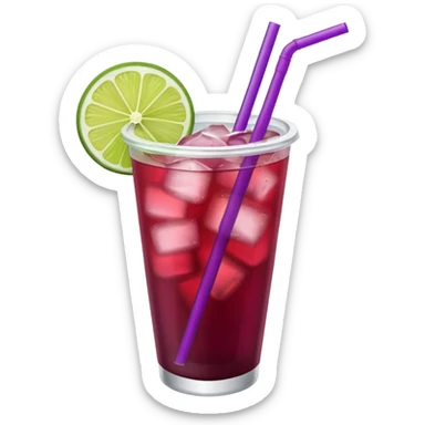 maroon purple cocktail with a lime wedge in the drink in a plastic cup with lid and straw

 sticker