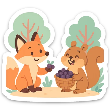 a fox and squirrel sharing berries in a forest friendship scene, pastel toon style sticker