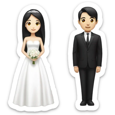 Please draw an east-asian woman with black long hair in white wedding dress on the left side and a east-asian man with black short hair in black wedding suit. sticker