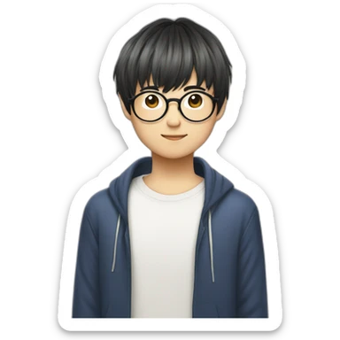 volumy bowlcut hair japaneseboy with glasses sticker