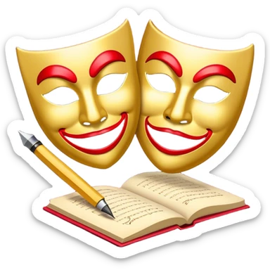 Create a bold and dramatic emoji representing the art of playwriting. The design should feature an open script or a theater playbook, with stylized text inside. Include elements like a theatrical comedy and tragedy masks, a stage spotlight, or a writting quill to symbolize creativity and performance. Use deep, contrasting colors like red, black, and gold to evoke the intensity and passion of drama. The overall design should feel dramatic, inspiring, and artistic. Make the background transparent. sticker