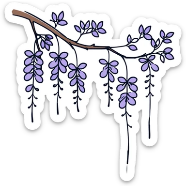 Artistic Japanese wisteria (fuji) flower with sumi-e inspired brush strokes, hanging lavender bloom clusters, zen minimalist aesthetic with subtle ink wash background sticker