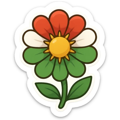 cartoon sticker of a flower with petals colored like the Kurdistan flag (red, white, green, and a yellow sun in the center), colorful and cheerful, no text, suitable for WhatsApp and Instagram, transparent background sticker