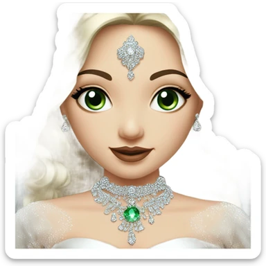 Hyper Realistic ornate ballgown long sleeve Wedding dress with diamanté on Russian bride with pale skin and green eyes and long black hair with veil and diamond jewelry hyper realistic  sticker