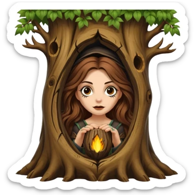 ute forest witch woman long wavy brown hair tattoos peeking from tree hollow sticker
