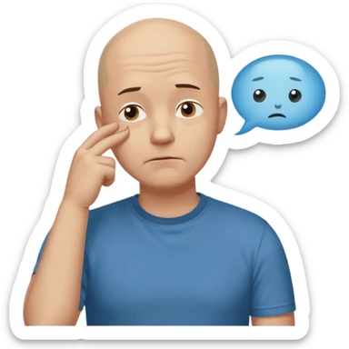 bald man with t-shirt, doubting face but not sad, hand on chin looking up, thought bubble sticker