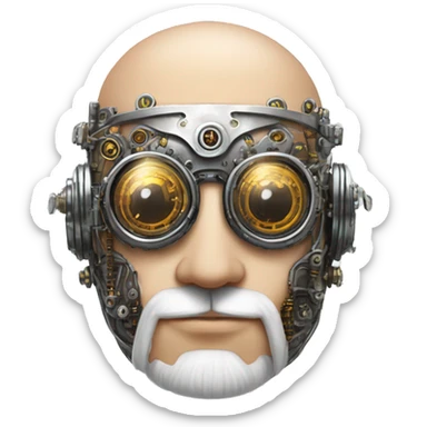 Bald cyborg head with silver steampunk goggles, white beard and circuits sticker