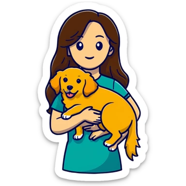 woman with long brown hair holding a golden retriever dog in her arms sticker