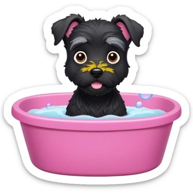 Black miniature schnauzer getting a bath in pink tub with soapy bubbles sticker
