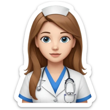 pretty female nursing student with long brown hair, blue eyes inside a classroom at university with blackboard behind her sticker