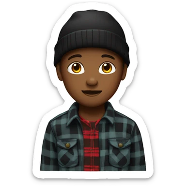 Boy wearing a black Bennie and a flannel shirt sticker