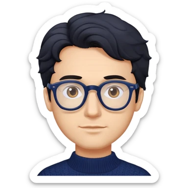 Man with wavy black hair in a comfortable navy blue sweater and glasses sticker
