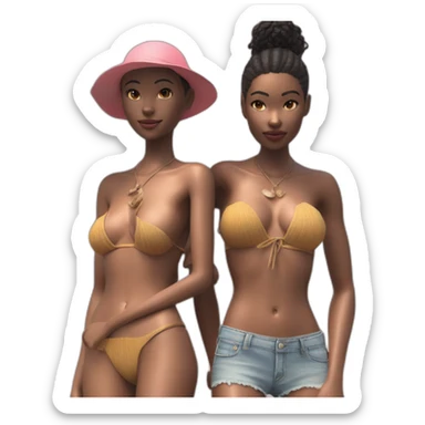 Fashion editorial style octane render, lush beach, stylized, two shot angle of a (naked Young Woman, skinny, fit, small breasts, bare belly, with mechanical sexy beach outfit. 1. 3) sticker