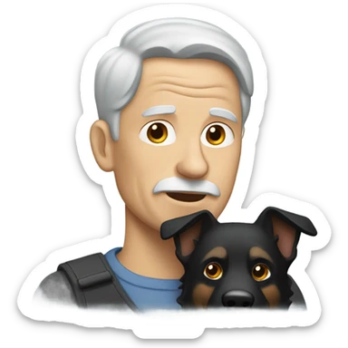 Old man with little brown hair carrying a black German shepherd dog sticker