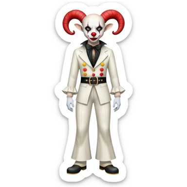 full-body demonic clown in a white leisure suit with bellbottom pants, bald, with black ram horns, flashy belt, ruffled shirt, no neck tie sticker