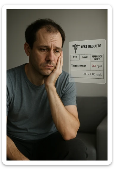 Un uomo caucasico di 35-45 anni, in CGI fotorealistico, che mostra i segni fisici ed emotivi di un basso livello di testosterone. aggiungere un referto medico semi-trasparente fluttuante accanto a lui, con valori di testosterone evidenziati in rosso. sticker