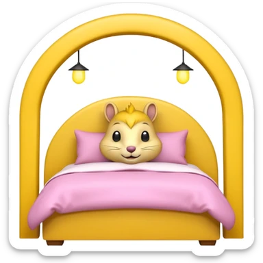 The features a bed themed as a large, cheerful, yellow squirrel. The squirrel's head forms an archway over the bed, with large black eyes, a small pink nose, and prominent white cheeks. The bed frame and arch are bright yellow with integrated yellow LED lighting running along the curves.  sticker