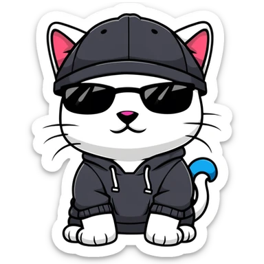 cat wearing a black snapback cap and black hoodie, with black sunglasses positioned low on his nose, looking directly at the viewer over the top of his sunglasses with a cool expression, doing graffiti with spray paint sticker