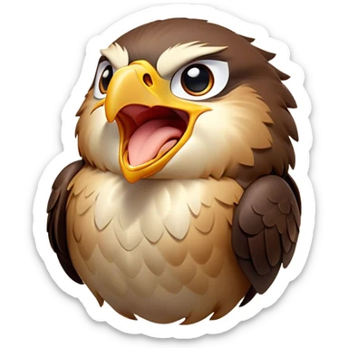 Cinematic Cute Yawning Hawk Portrait Emoji, Head tilted slightly with a dramatic, wide-open yawn, showcasing a robust, agile form with a softly drooping beak and sleepy, half-closed eyes, Simplified yet irresistibly adorable features, highly detailed, glowing with a soft, cozy glow, high shine, relaxed yet expressive, stylized with a dash of whimsical aerial charm, soft glowing outline, capturing the essence of a drowsy yet affectionate hawk that appears ready to stretch out for a nap! sticker