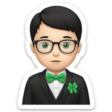 baby boy black hair in suit, with green bow, wearing glasses sticker