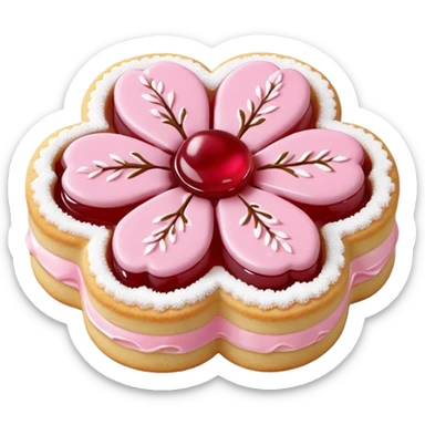 Realistic shortbread cookie in the shape of a cherry blossom with pale pink color jelly middle filling and sprinkled powder sugar on top. sticker
